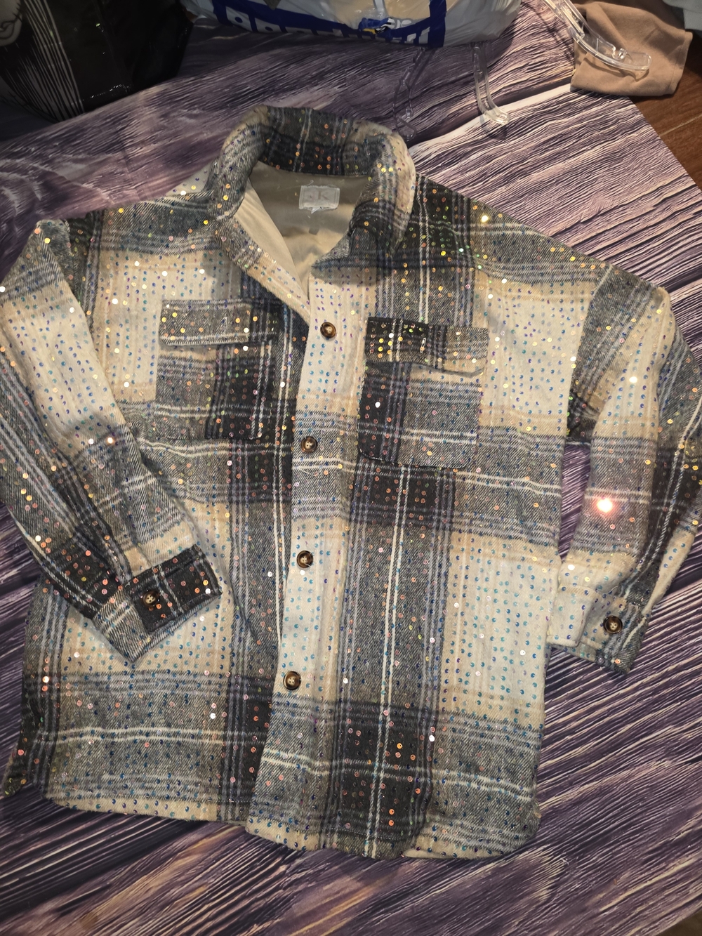 JK Designs Sequin Plaid Jean Shacket in Cream and Gray
